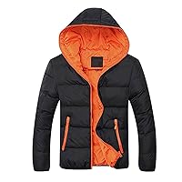 Mens Winter Jackets Contrast Hooded Overcoat Warm Outdoor Cotton Pad Jacket Full Zip Coats Long Sleeve Outerwear