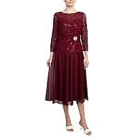 Cachet Boat Neck Long Sleeve Embroidered Top Brooch Detail Mesh Dress-Bordeaux