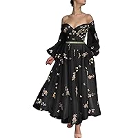 Basgute Flower Embroidery Tulle Puffy Sleeve Prom Dresses Long A Line Fairy Maxi Formal Evening Party Gowns for Women