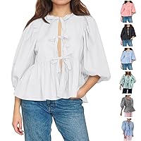 Tiktok Trend Items, YALIHEN Tie Front Tops for Women Cute Going Out Top 3/4 Length Puff Sleeve Peplum Babydoll Blouses