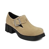 Women's Faux Suede Platform Oxfords Round Toe Buckle Chunky Mid Heel Casual Slip On Dress Loafer Shoes Beige