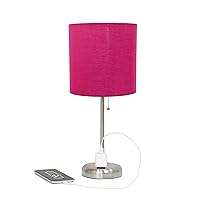 Simple Designs LT1144-PNK Sleek and Slender Brushed Steel Table Lamp with Charging Outlet, for Bedroom, Living Room, Entryway, Office, Dining Room, Study, Pink Shade