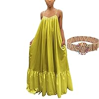 Women's Backless Spaghetti Strap Oversized Maxi Summer Beach Party Swing Dress S-5XL with Adjustable Belt