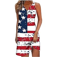Women Tie Dye Beach Dress 4th of July USA Flag Print Patriotic Mini Sundress Casual Sleeveless Henley Shirt Dresses