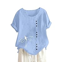 Short Sleeve Shirts for Women Linen Tops Button Cotton Round Neck Vintage and Hemp Solid T-Shirt Top