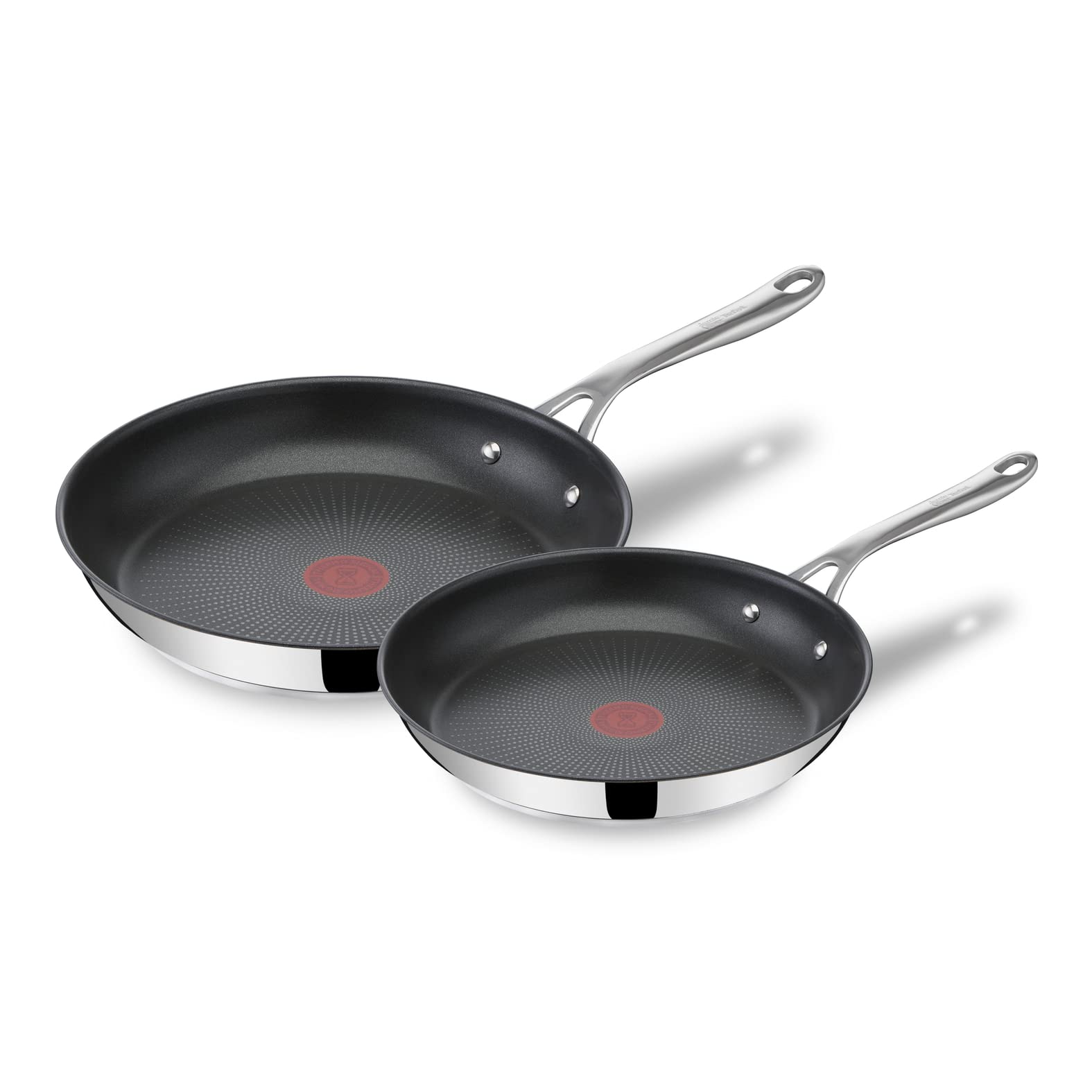 Tefal Jamie Oliver Cook's Direct Stainless Steel, 2 Piece Frying Pan Set, 24 & 28cm, Non-Stick Coating, Heat Indicator, Riveted Safe-Grip Handle, Induction Hob Compatible, E304S244