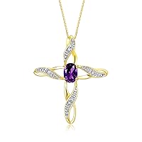 Rylos 14K Yellow Gold Plated Silver Cross Necklace with Gemstone and Diamonds | Amethyst February Birthstone | Elegant Necklaces for Women