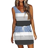 Sundress for Women 2024 Sundresses for Women 2024 Striped Print Casual Fashion Slim Fit with Waistband Short Sleeve V Neck Summer Dress Blue XX-Large
