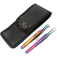 Set of 2 Stainless Steel Multi Titanium Rainbow Color Jeweler Style Tweezers #6 + #5a Fine Point by G.S Online Store