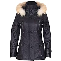 Women's Quilted Leather Parka Jacket with Detachable Hood
