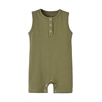 Teach Leanbh Baby Romper Cotton Sleeveless Button Down One Piece Linen Jumpsuit Coverall 3-24 Months (Army Green, 6-12 Months)