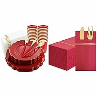 Nervure 140PCS Red Plastic Plates - 100PCS Red Paper Napkins with Built for Party & Wedding & Dinner