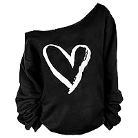 Valentine Women Sweatshirt Heart Print Casual Blouse Off Shoulder Long Sleeve Loose Pullover Plus Size Tops