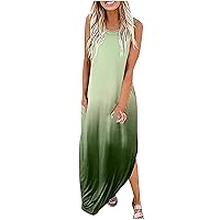 2023 Summer Gradient Kaftan Tank Dresses for Womens Sleeveless Crewneck Curved Hem Casual Hawaiian Maxi Dress