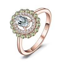 Luxury Oval 1.5ct Genuine Peridot Green Amethyst Halo Rings for Women, 14k White Yellow Rose Gold Plated 925 Sterling Silver Promise Ring for Her, Natural Gemstone Jewelry Sets