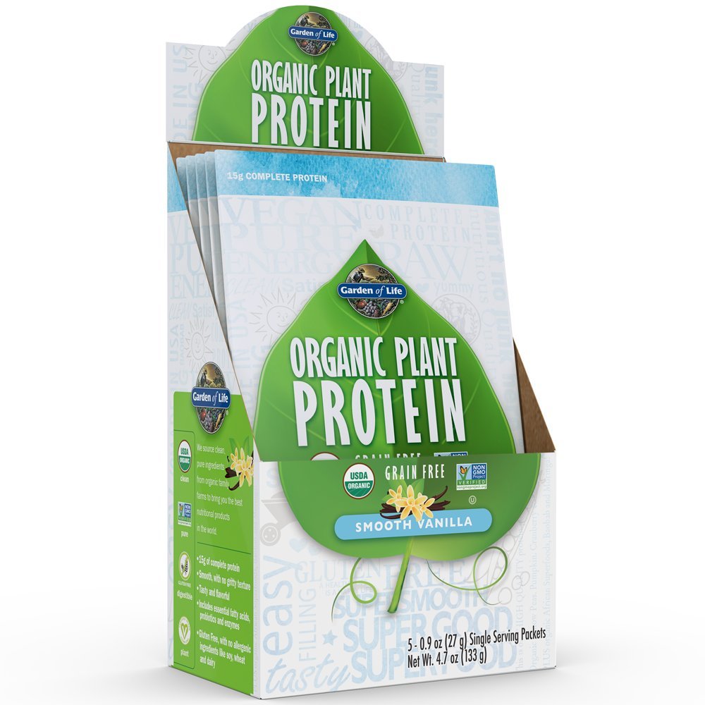 Garden of Life Organic Plant Protein Smooth Vanilla Powder - Single Serving Packets (5-Pack) - Vegan, Grain Free & Gluten Free Plant Based Protein Shake with 1B CFU Probiotics & Enzymes, 15g Protein