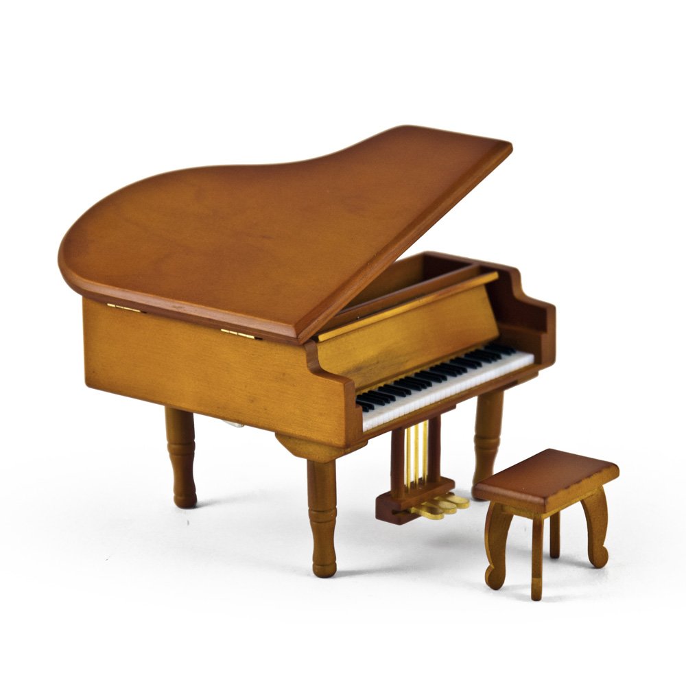 MusicBoxAttic Incredible Wood Tone Miniature Replica of A Baby Grand Piano with Bench - Many Songs to Choose - 12 Days of Christmas