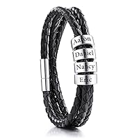 VIBOOS Personalized Bracelets Engraving 2-6 Names Customized Identification ID for Women Men Genuine Leather 925 Sterling Silver Beads Braided Cuff Bridesmaid Gifts Best Friend
