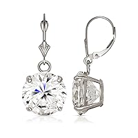 14k Yellow or White Gold Solitaire Round Cubic Zirconia CZ Dangling Drop Lever-back Earrings (6mm-8mm)