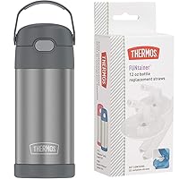 THERMOS FUNTAINER 12 Ounce Stainless Steel Vacuum Insulated Kids Straw Bottle, Grey & Thermos Replacement Straws for 12 Ounce Funtainer Bottle, Clear, one size (F401RS6)