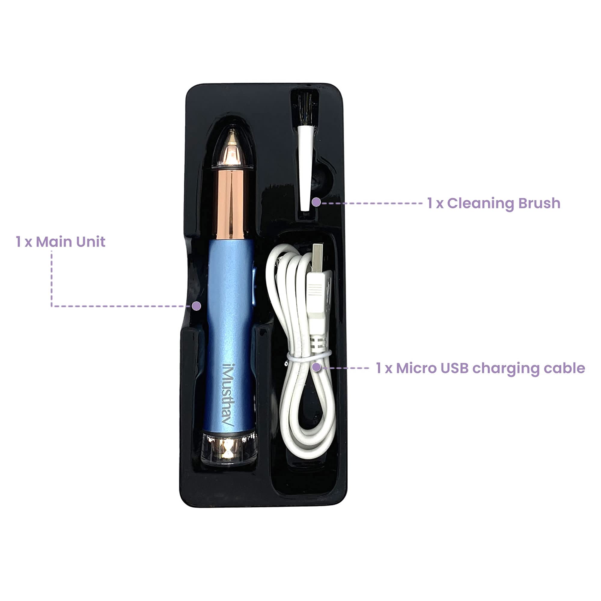 iMusthav Dual Function Brow & Facial Hair Remover USB Rechargeable. Precision “Pencil-tip” 18K Gold Plated Heads 360-degree LED Light. All Your Facial Hair Removal Needs in one Unit (Amethyst)