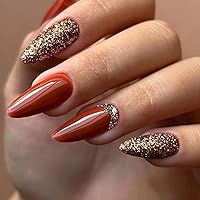 Red-brown Press on Nails Pointed Medium Fake Nails with Rhinestones Design Glossy Champagne Glitter Almond False Nails Reusable Artificial Nails Stick on Nails for Women DIY Manicure Decoration 24Pcs
