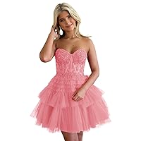 Glitter Tullle Lace Prom Dresses Short Strapless Tiered Homecoming Dress for Teens Corset Cocktail Party Gown