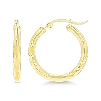 14k Yellow or White Gold 3mm Solid Polished Diamond Cut Hoop Earrings for Women | 3mm Thick Italian Gold Diamond Cut Hoops | Shiny Polished Earrings, 15mm-90mm