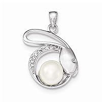 925 Sterling Silver Polished With CZ Cubic Zirconia Simulated Diamond 8 9mm Freshwater Cultured Pearl Pendant Necklace Jewelry for Women