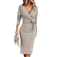 Women's Cocktail Dresses and Winter Casual Fashion Solid Color V-Neck Long Sleeve Waist Ribbed Cover Dress, S-2XL