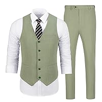 Men's Casual Linen Suit Set 2 Piece Slim Fit Wedding Suits Prom Groomsmen Suit Tuxedos Beach Suits Vest Pants