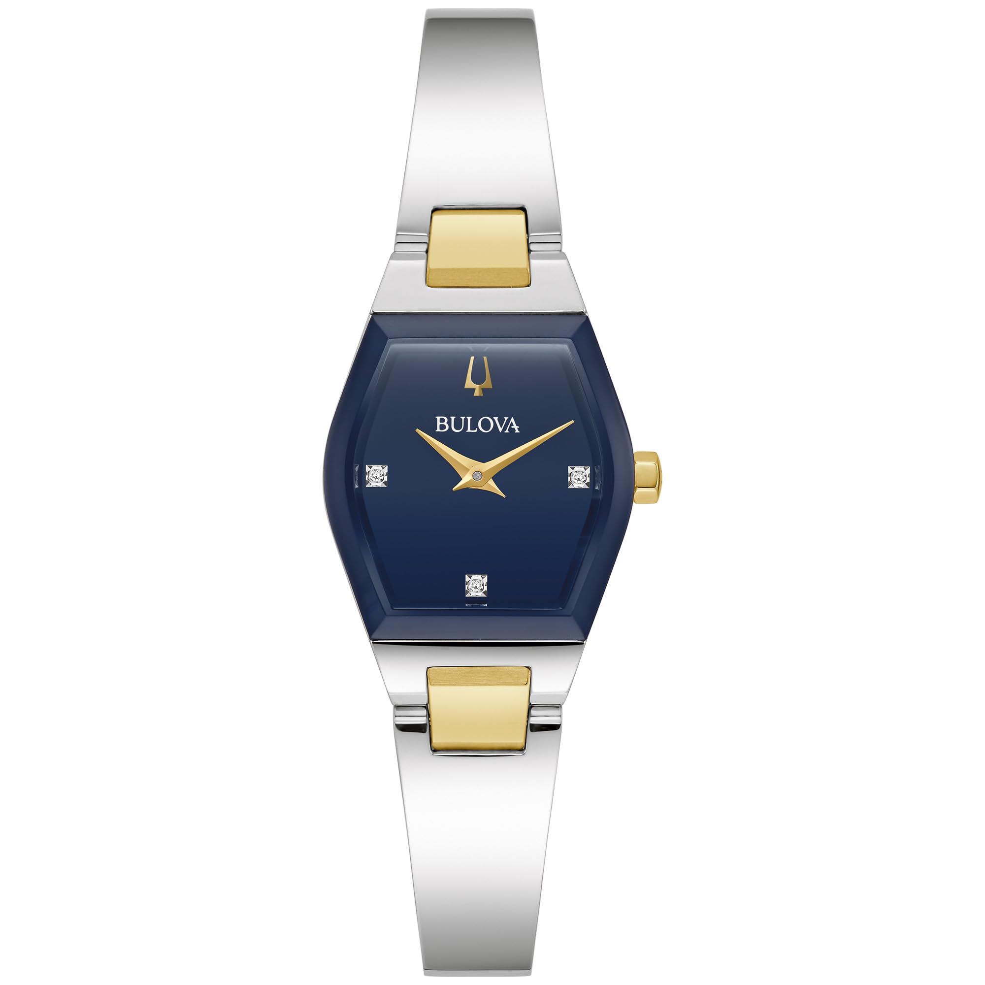 Bulova Ladies Modern Gemini Diamond Silver and Gold Stainless Steel Watch,Tonneau Shape Blue Dial, Model: 98P218