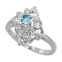 Sterling Silver Blue Topaz Cubic Zirconia Ring Diamond Shape Rhodium Finish, Sizes 5-9