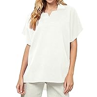 Women's Short Sleeve Blouses, Textured Lapel Casual Loose Top Summer Tops 2024 Graphic Tees Trendy, S XXXL