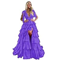 V Neck Prom Dress Long Tiered Tulle Formal Party Gown Ruched Slit Evening Ball Gown for Women