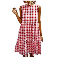 Women Ruffle Hem Cotton Linen Plaid Tank Dress with Pockets Summer Sleeveless Crewneck High Waist Flowy A-Line Dress