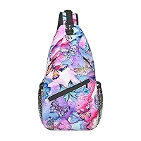 Sling Backpack,Travel Hiking Daypack Colorful Butterfly Print Rope Crossbody Shoulder Bag