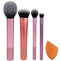 5 Piece Everyday Essentials Makeup Brush Set, Includes 4 Brushes & Makeup Sponge, For Foundation, Blush, Bronzer, Contour, Eyeshadow, & Powder, Travel Gift Set, Cruelty-Free & Vegan