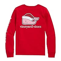 vineyard vines Girls' Glitter Hat Santa Whale Long-Sleeve Pocket Tee