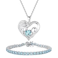 FANCIME Aquamarine Birthstone Necklace & Tennis Bracelet, Mothers Day Gifts