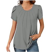 Women's Summer Crewneck Petal Sleeve Tops Casual Dressy Shirts Fashion Pleated Business Blouses Tunic Top
