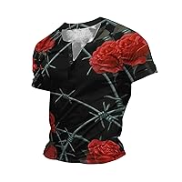 Camisas florales Manga Corta Hombres Blusa botones Moda de Verano Tops Cuello Redondo Impresión Túnica Camisetas