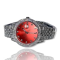 Men's Round White Silver Red Custom Dial Wrist Watch Band Luxury Round CZ Diamond Iced Bracelet Watch Roman Numeric Dial Watch for Men Women Hip Hop Rapper Choice, Iced Watch Custom Fit
