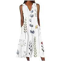 Summer Floral Print Dresses for Women Notch V Neck Button Sleeveless Tank Dress with Pockets Casual Flowy Midi Dresses