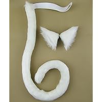 Long Fur Cat Ears and Cat Tail Set Halloween Party Kitty Cosplay Costume Kits (White)