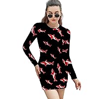 Shark Silhouette Scuba Diver Women's Long Sleeve Dresses Bodycon Mini Dress for Work Office Business