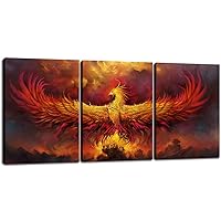 Fire Phoenix Wall Art Prints Volcanic Burning Phoenix Birds Canvas Picture Posters Prints Artwork 3 Piece Home Office Living Room Bedroom Decor Framed Ready to Hang - 36