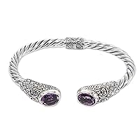 NOVICA Artisan Handmade Amethyst Cuff Bracelet Crafted from Indonesia .925 Sterling Silver Gold Accent Purple 'Sterling Rope'