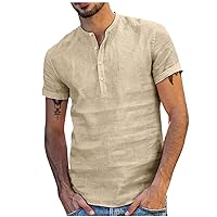 Men's V Neck Henley Shirt Classic Fit Plain Tee Shirt Summer Casual Cotton Linen Tops Hippie Casual Beach T Shirts