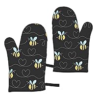 2Pcs Oven Mitts Sets,Bumble Bees,Kitchen Oven Glove High Heat Resistant 500 Degree Oven Mitts and Pot Holder,Surface Safe for Baking,Cooking,BBQ